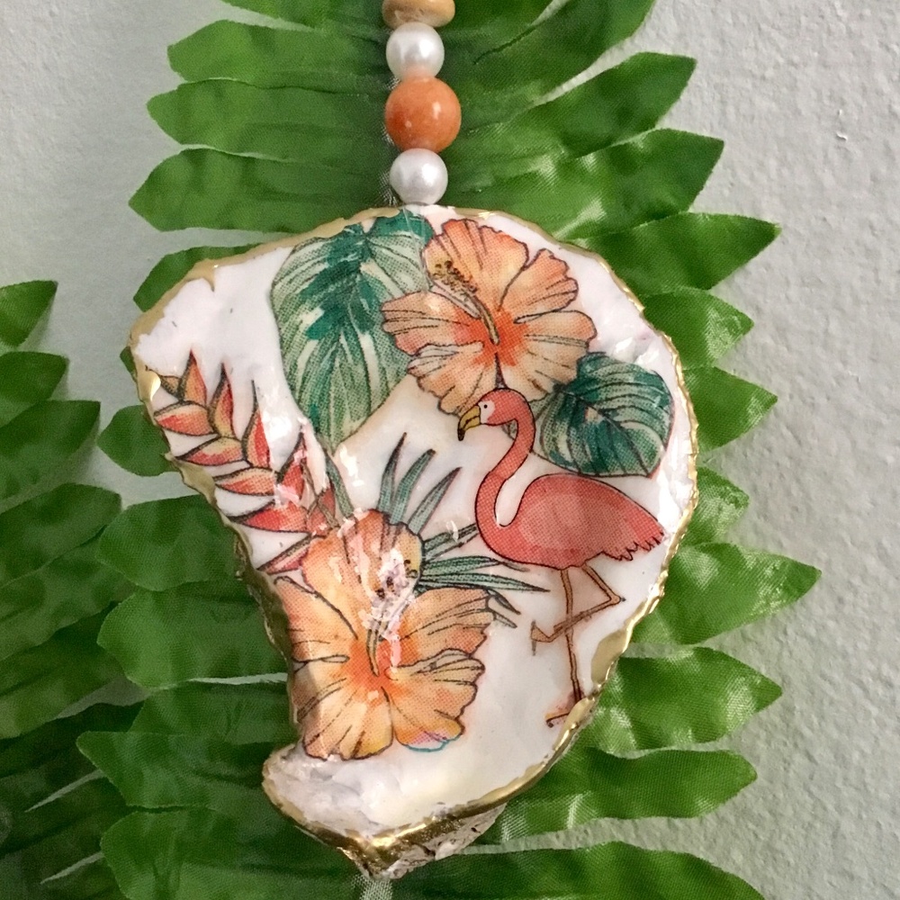 Flamingo garden, ornament, glossy decoupage, sealer, highlighted gold gilded